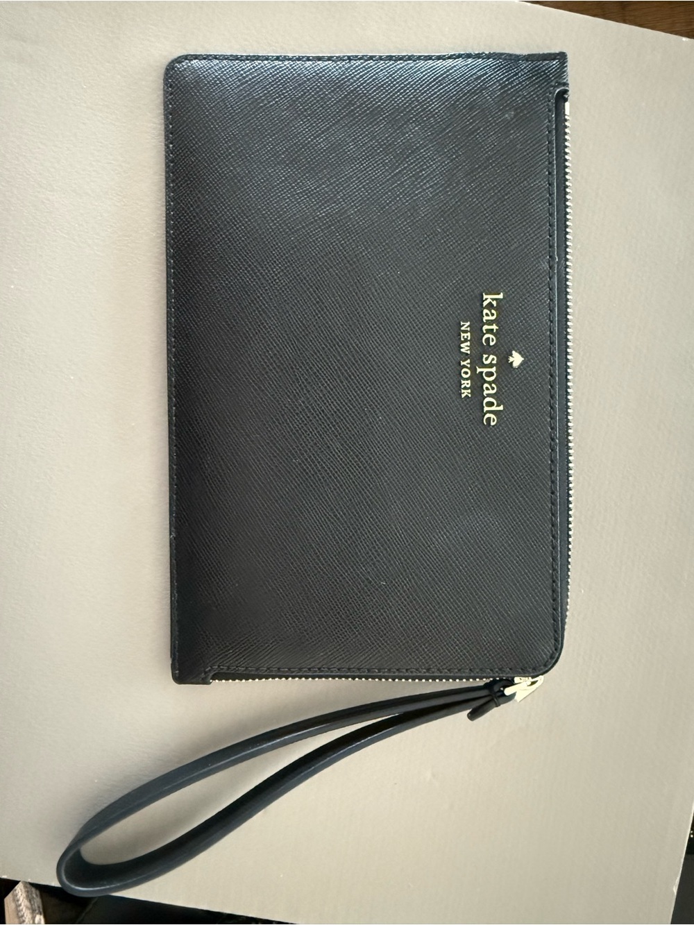 kate spade Black Saffiano Leather Zip Wristlet Wallet with Gold Logo